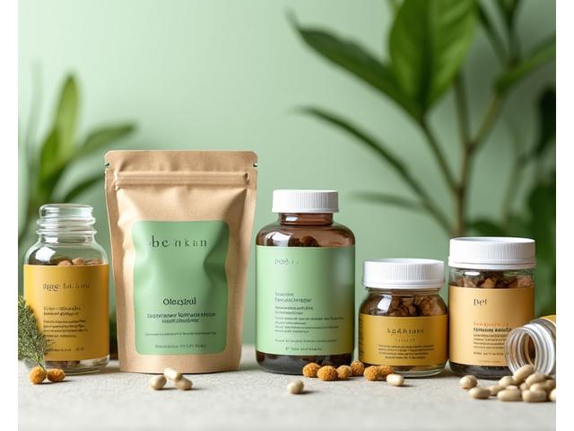 Assortment of ethically sourced supplement bottles with clear labels showing fair-trade and vegan certifications, arranged on a natural wood surface with soft light