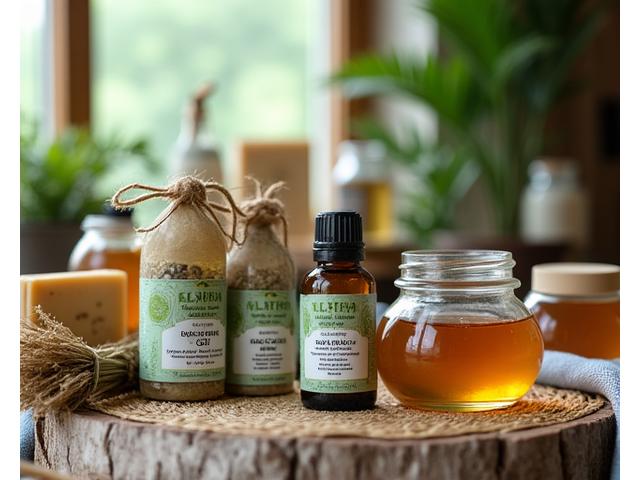 Artisan-crafted wellness products from Asheville, North Carolina, including locally sourced herbal teas, handmade soaps, and small batch essential oils, displayed on a rustic wooden table