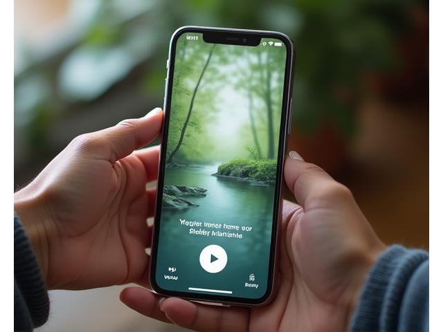 Mobile phone interface showing a guided meditation app with calming nature imagery