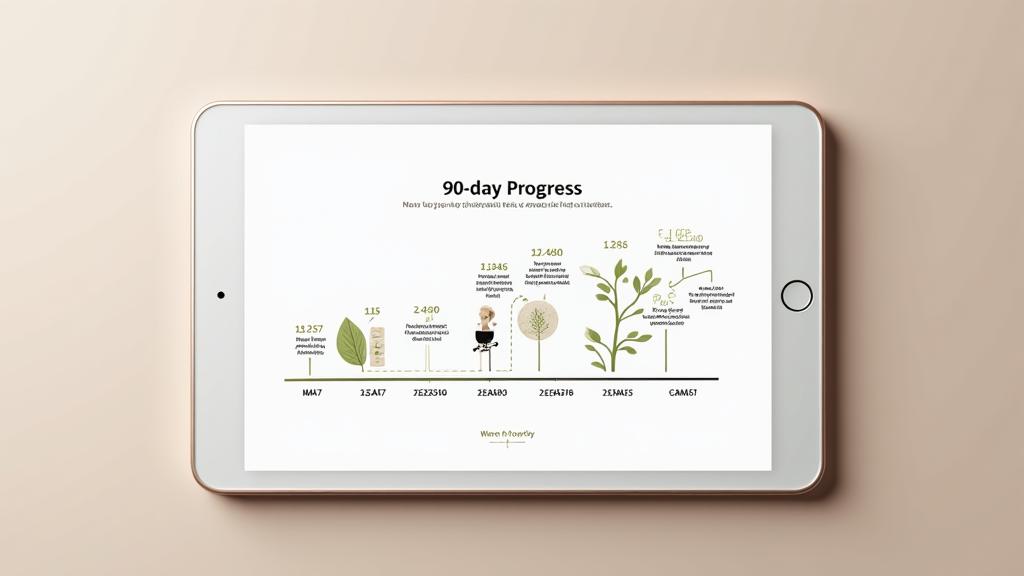 A visual representation of a 90-day transformation timeline, structured into clear phases with milestones, clean design, and a sense of progression.