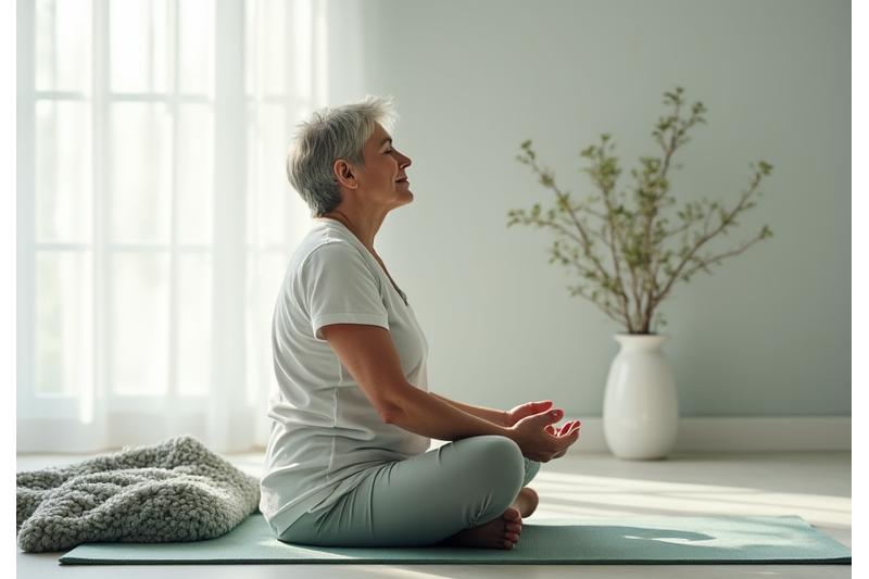 A person calmly practicing deep breathing in a modern, minimalist setting, demonstrating stress relief.