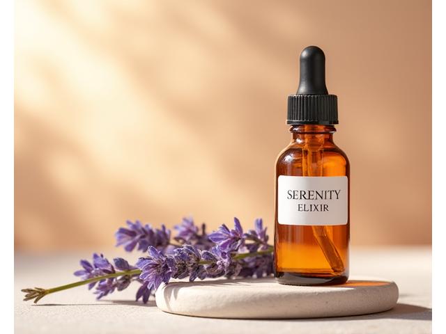 Detailed shot of Nectar Grove's featured product: 'Serenity Elixir' a sleek amber glass bottle with a dropper, alongside fresh lavender sprigs, conveying calm and natural relief.