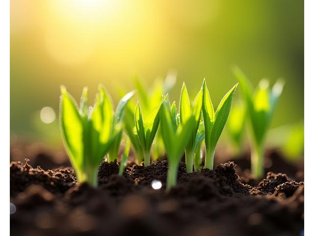 Fresh green sprouts emerging from soil, symbolizing spring and renewal, with gentle sunlight.