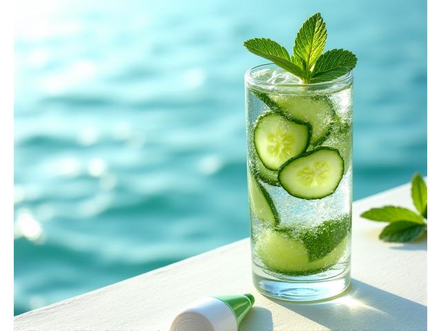 Refreshing glass of water with cucumber slices and mint next to sunscreen, representing summer hydration and protection.