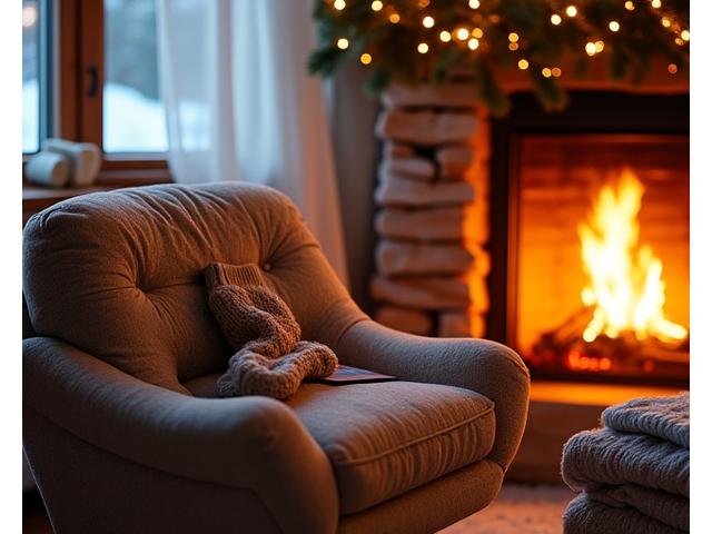 Warm, glowing fireplace with cozy socks and a book, representing winter mood support and indoor wellness.