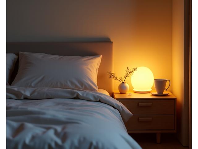 Smart sleep tracking mat partially visible under a neatly made bed, beside a warm bedside lamp, indicating restful sleep technology.