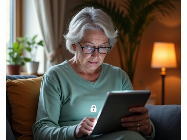 Mature adult using a computer responsibly, focusing on digital security and community guidelines